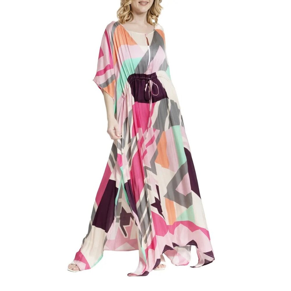New SAACHI Abstract Geometric Keyhole Pink Caftan  P1296